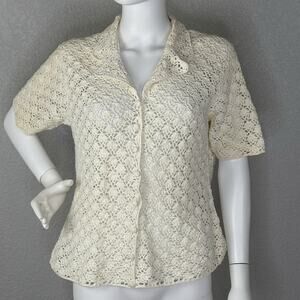 90s Vintage Crochet Top Button Up Y2K Boho Beach Coastal Cowgirl Ivory Size L
